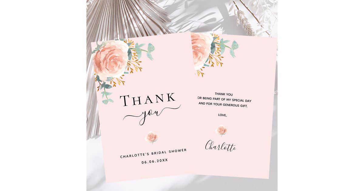 Bridal Shower rose gold pink floral thank you card | Zazzle