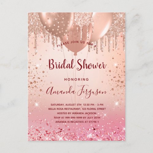 Bridal Shower rose gold pink glitter balloons Invitation Postcard