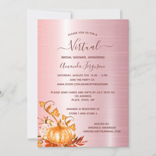 Bridal Shower rose gold pink pumpkin fall virtual Invitation