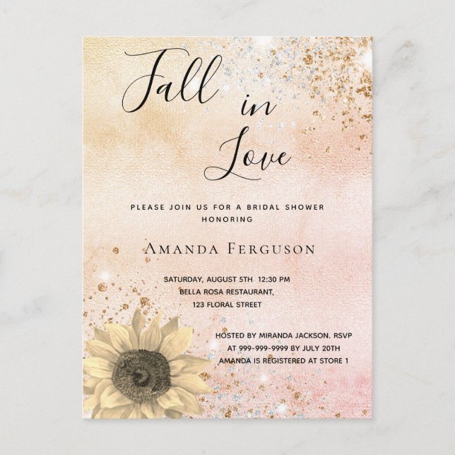 Bridal shower rose gold rustic sunflower fall invitation postcard (Front)