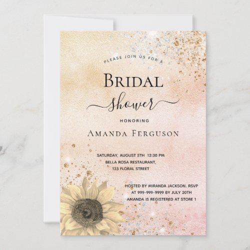 Bridal shower rose gold rustic sunflower glitter invitation