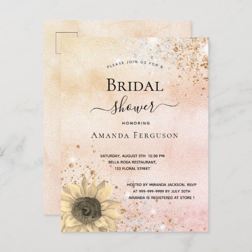 Bridal shower rose gold rustic sunflower glitter invitation postcard