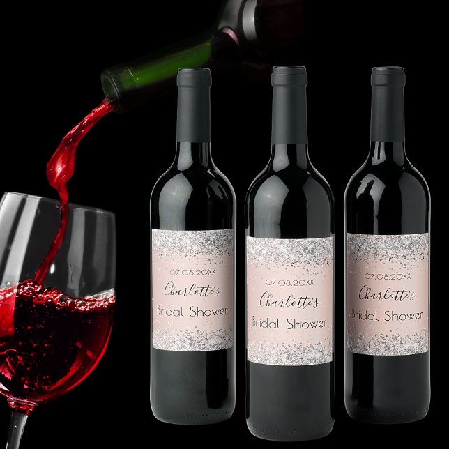 Bridal shower rose gold silver blush name wine label (Creator Uploaded)