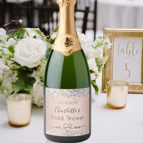 Bridal shower rose gold silver glitter mr mrs sparkling wine label