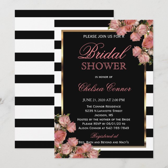 Bridal Shower - Rose Gold Wedding Black & White Invitation (Front/Back)