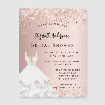 Bridal Shower rose gold white dress luxury Magnetic Invitation | Zazzle