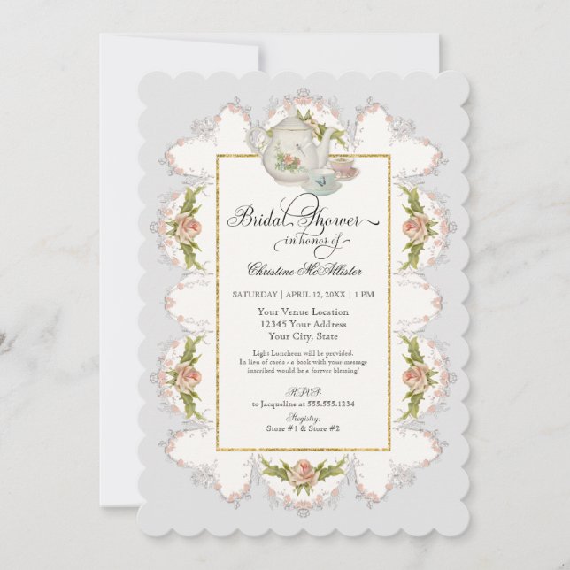 Bridal Shower Roses Tea Party Teapot n Teacups Invitation (Front)