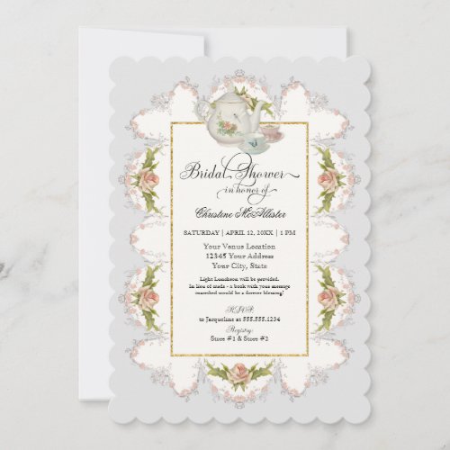 Bridal Shower Roses Tea Party Teapot n Teacups Invitation