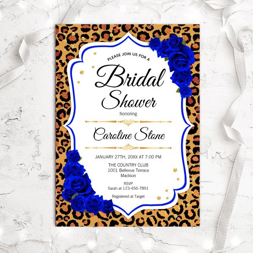 Bridal Shower _ Royal Blue Roses Leopard Print Invitation