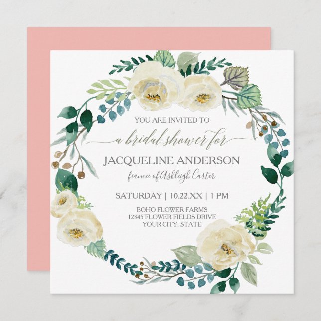 Bridal Shower Rustic Alabaster Rose Blush Coral Invitation (Front/Back)