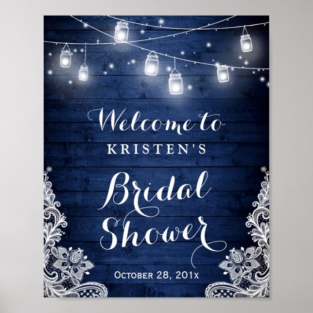 Bridal Shower Rustic Blue Mason Jar Lights Lace Poster (Front)