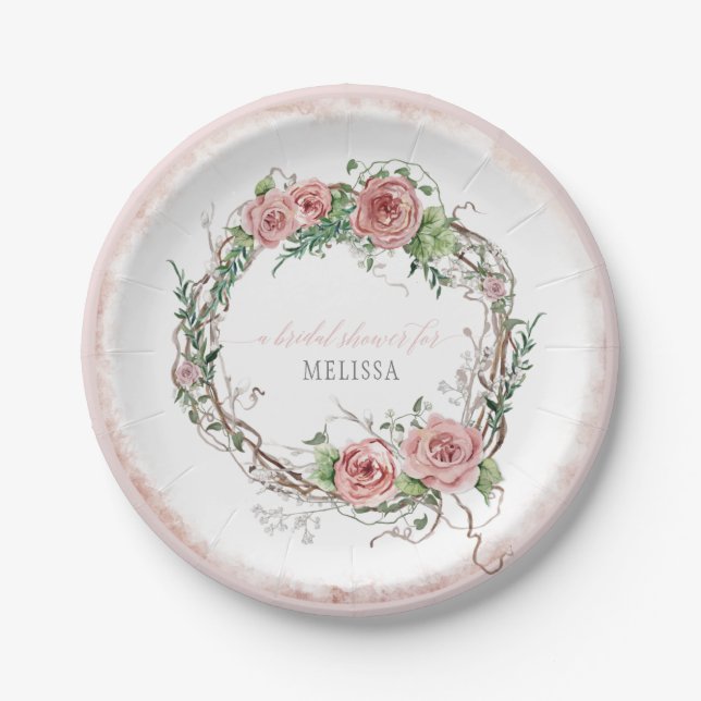 Bridal Shower Rustic Boho Wreath Rose Branch Leaf Paper Plates (Front)