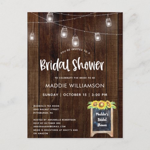 Bridal Shower Rustic Bridal Shower Invitation Postcard