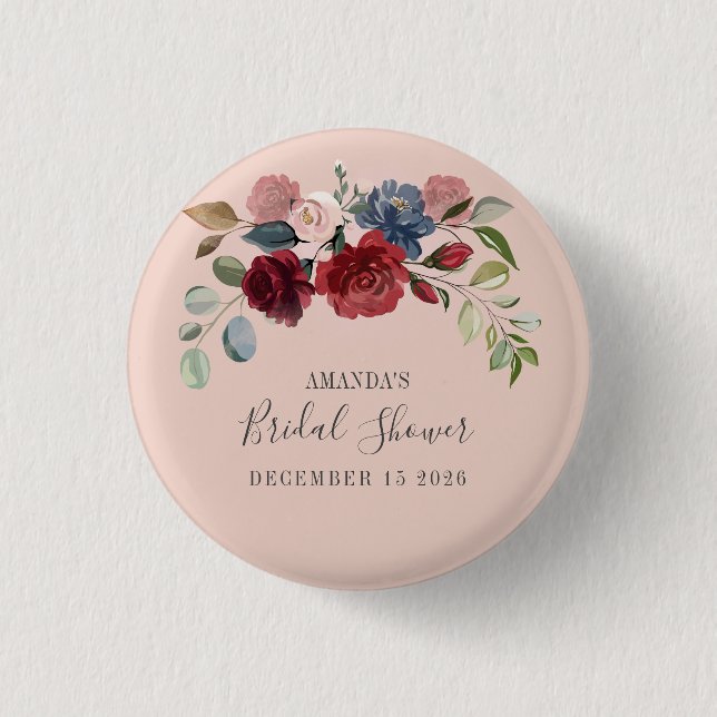 Bridal Shower Rustic Burgundy Floral Custom Button (Front)