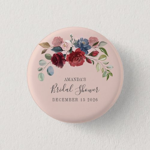 Bridal Shower Rustic Burgundy Floral Custom Button