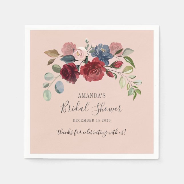 Bridal Shower Rustic Burgundy Floral Custom Napkins (Front)
