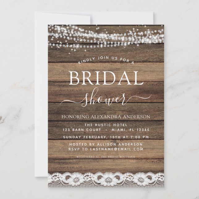 Bridal Shower Rustic Farmhouse String Lights Lace Invitation (Front)