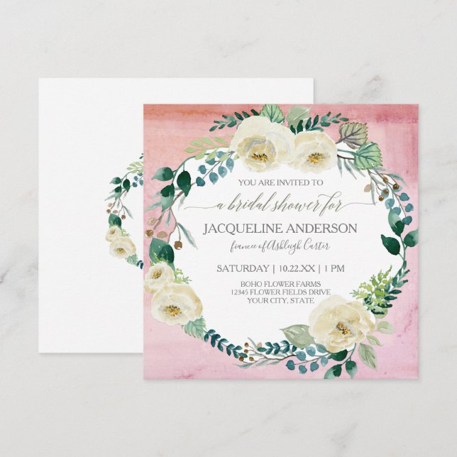 Bridal Shower Rustic Ivory Rose Blush Watercolor Invitation (Front/Back)