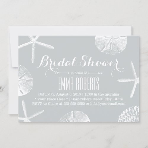 Modern Silver Beach Theme Seashells Bridal Shower 5x7 Paper Invitation Card