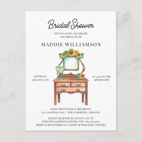 Bridal Shower Rustic Sunflower Invitation Postcard