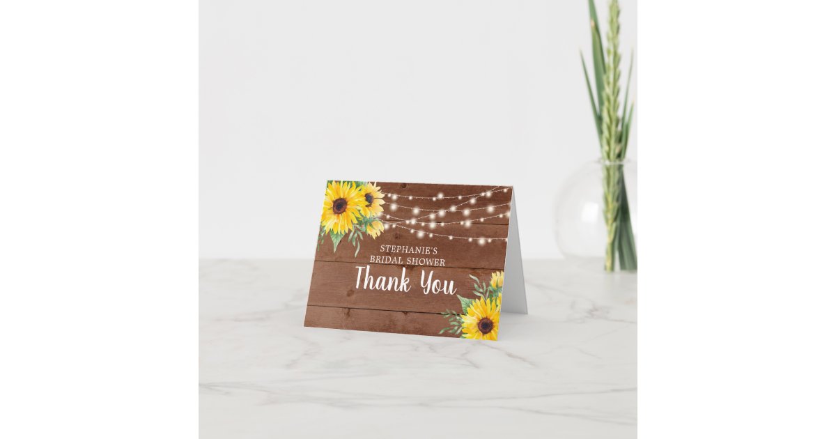 Bridal Shower Rustic Sunflower Lights Thank You Card | Zazzle