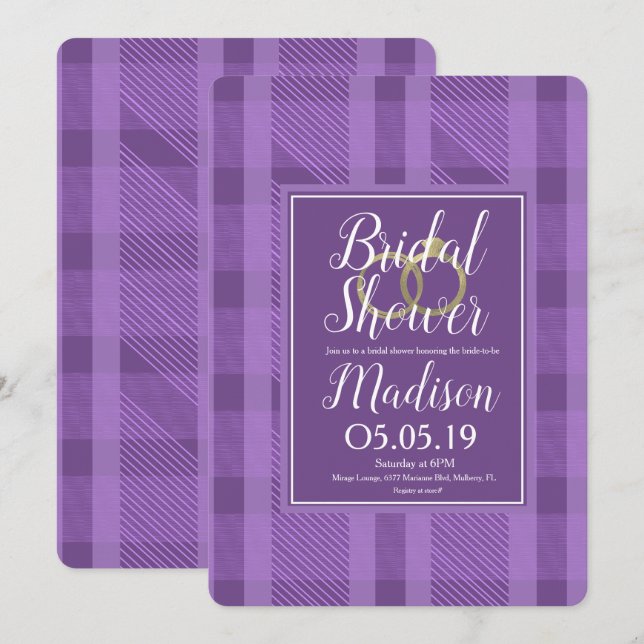 Bridal Shower Rustic Violet Plaid Foil Rings Invitation (Front/Back)