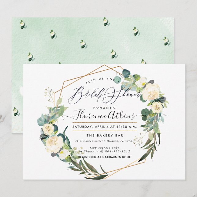 Bridal Shower Rustic Watercolor Alabaster Flowers Invitation (Front/Back)