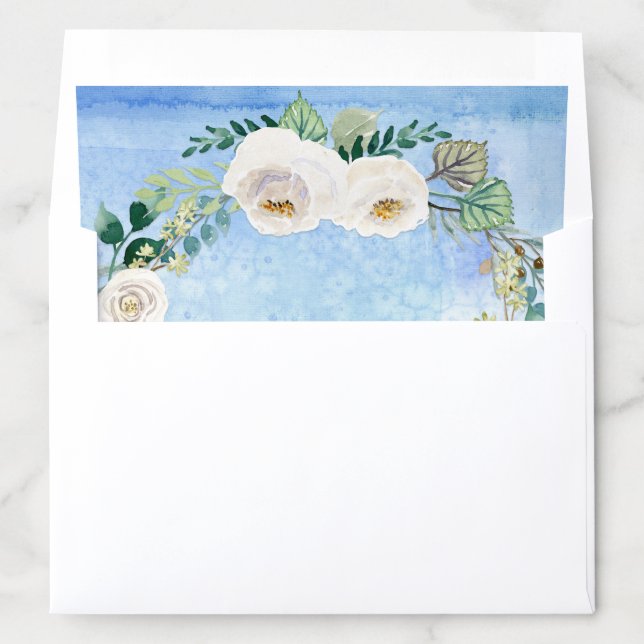Bridal Shower Rustic White Roses Wreath Periwinkle Envelope Liner (In Envelope)