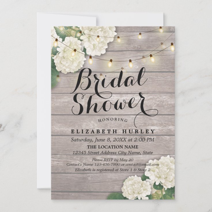 Bridal Shower Rustic Wood Hydrangea Flowers Lights Invitation Zazzle