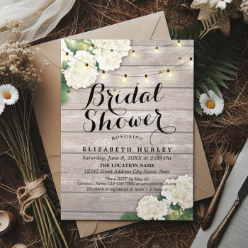 Bridal Shower Rustic Wood Hydrangea Flowers Lights Invitation by ReadyCardCard at Zazzle