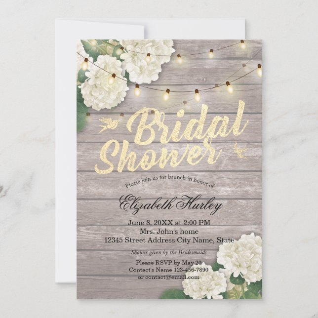 Bridal Shower Rustic Wood Hydrangea Flowers Lights Invitation (Front)