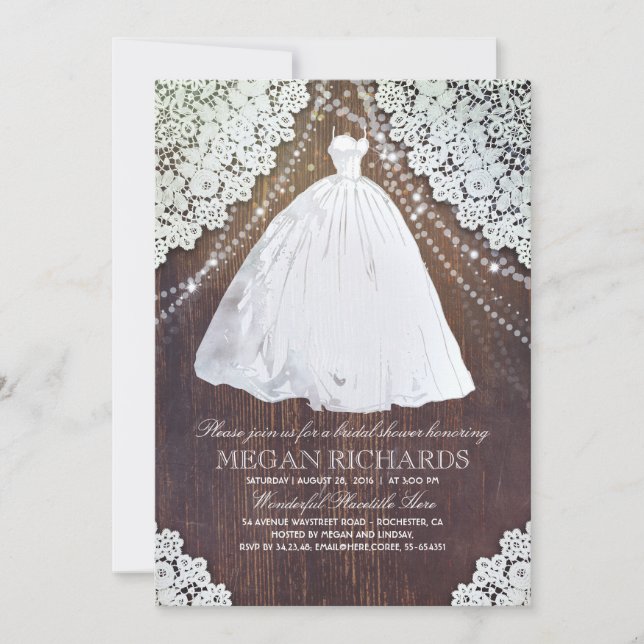 Bridal Shower | Rustic Wood | Lace | Wedding Gown Invitation (Front)