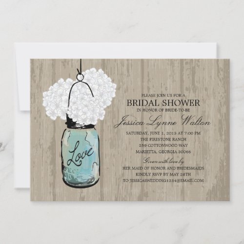 Bridal Shower Rustic Wood Mason Jar Hydrangeas Personalized Announcements