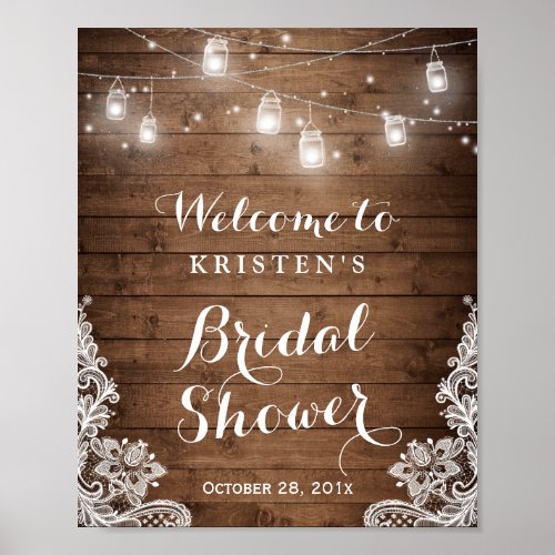 Bridal Shower Rustic Wood Mason Jar Lights Lace Poster