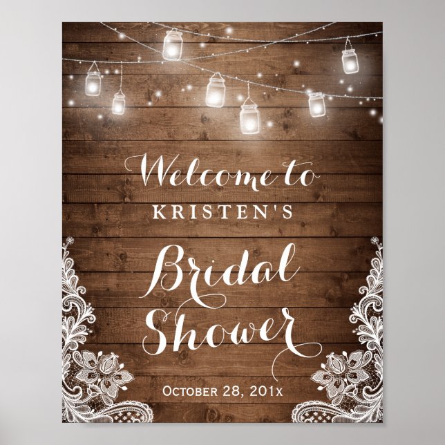 Bridal Shower Rustic Wood Mason Jar Lights Lace Poster (Front)
