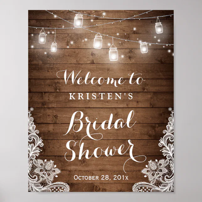 Bridal Shower Rustic Wood Mason Jar Lights Lace Poster | Zazzle