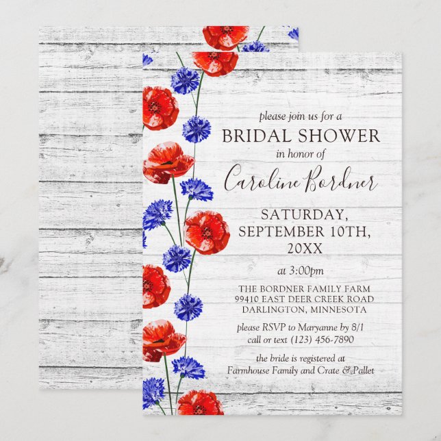Bridal Shower Rustic Wood & Red Poppy Country Invitation (Front/Back)