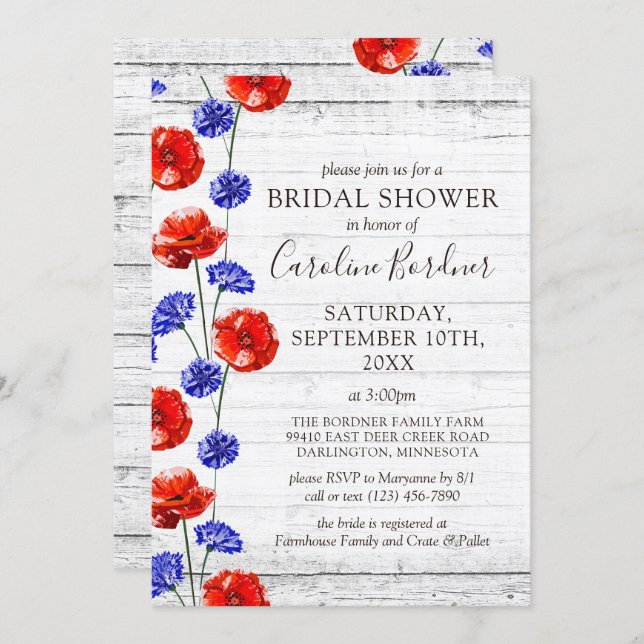 Bridal Shower Rustic Wood & Red Poppy Country Invitation (Front/Back)