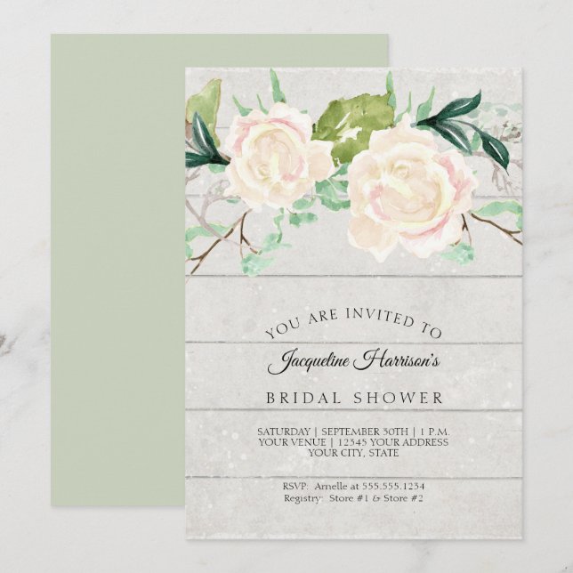 Bridal Shower Rustic Wood Watercolor Ivory Roses Invitation (Front/Back)