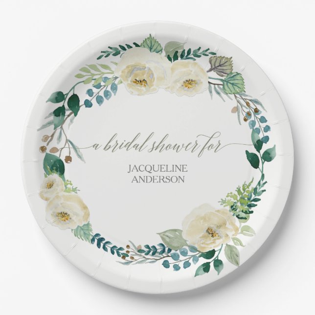 Bridal Shower Rustic Wreath Alabaster Rose  Leaves Paper Plates (Front)