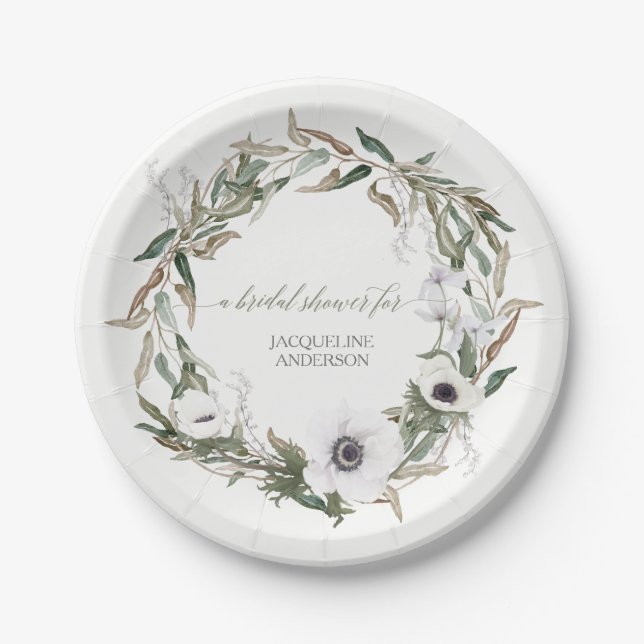Bridal Shower Rustic Wreath Anemone Olive Leaves Paper Plates (Front)