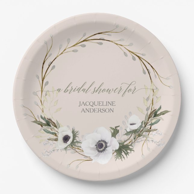 Bridal Shower Rustic Wreath Anemone Pink n White Paper Plates (Front)