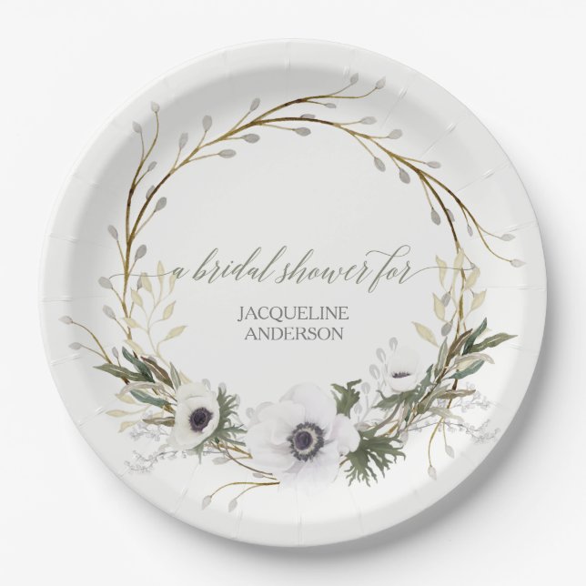 Bridal Shower Rustic Wreath Anemone Twig Wreath Paper Plates (Front)