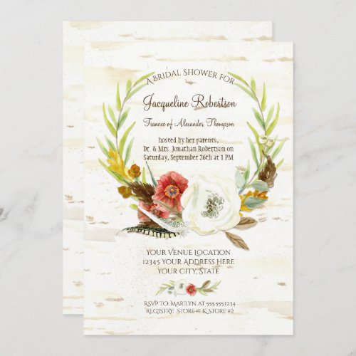 Bridal Shower Rustic Wreath Boho Feather Birch Invitation