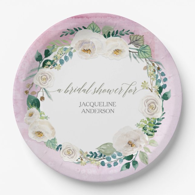 Bridal Shower Rustic Wreath Lavender White Roses Paper Plates (Front)