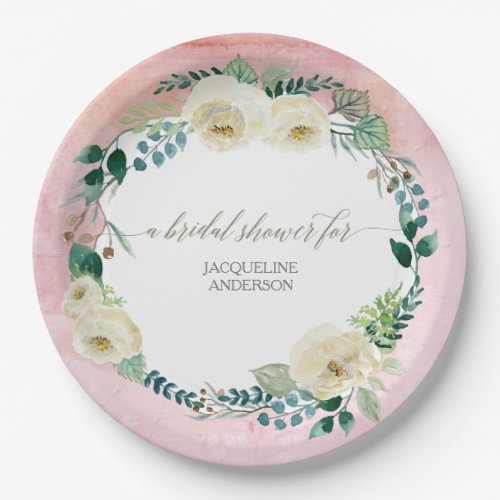 Bridal Shower Rustic Wreath Pink White Roses Paper Plates