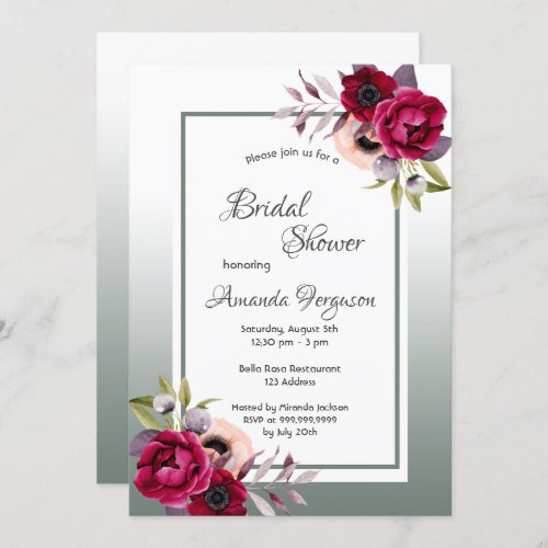 Bridal shower sage green burgundy florals invitation