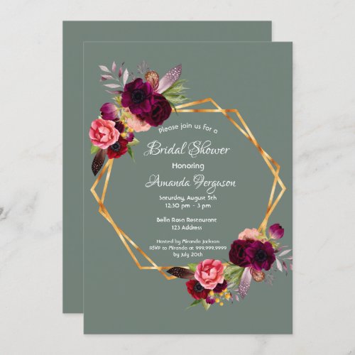 Bridal shower sage green floral geometric burgundy invitation