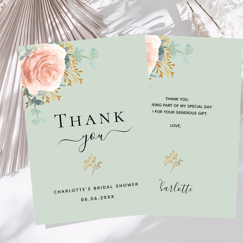 Bridal Shower sage green floral rose gold pink Thank You Card