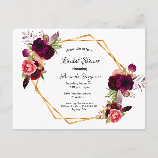 Bridal shower sage green gold burgundy invitation postcard (Front)